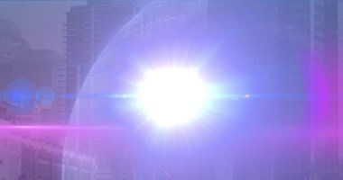 Image of light spots over globe and cityscape. Global business, patriotism and digital interface concept digitally generated image.