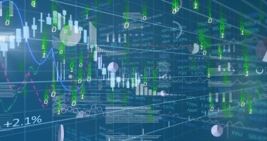 Image of graphs, data and binary code on blue background. Finance, economy and technology concept digitally generated image.