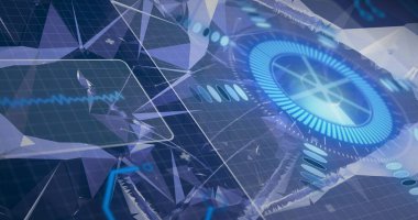 Digital image of virtual glowing blue technological circle with various patterns, copy space. Illustration, vector, futuristic, modern, data, innovation, multiple exposure.