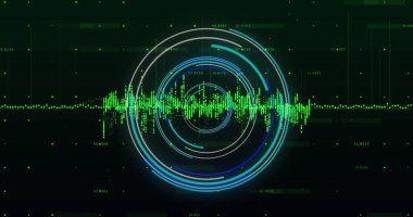 Image of scope and financial data processing over grid. Global business, finance, digital interface and data processing concept digitally generated image.