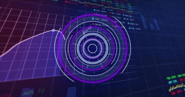 Image of round scanner over stock market data processing against blue background. Global economy and business technology concept