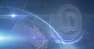 Image of light spots over globe and at symbol. Global business, patriotism and digital interface concept digitally generated image.