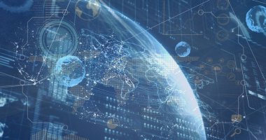 Image of data processing over globe and moving clock on black background. Global technology, online security and digital interface concept digitally generated image.