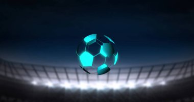 Image of digital football over stadium. Global sport, technology and digital interface concept digitally generated image.