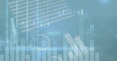 Image of statistical data processing over spinning windmills on grassland against blue sky. Renewable energy and business technology concept