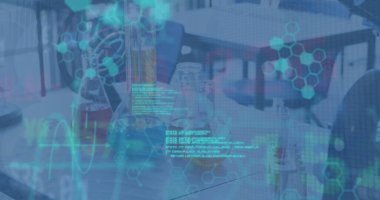 Image of programming data and graphical hexagonal shapes over laboratory equipment. Digital composite, multiple exposure, coding, research and scientific experiment concept.