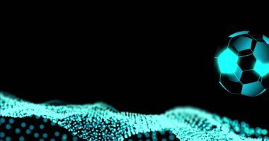 Image of digital football over blue spots on black background. Global sport, technology and digital interface concept digitally generated image.