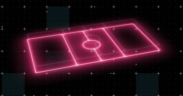 Image of plus signs over computer graphic 3d neon soccer field on digital interface. Digital composite, creativity, sports, playground, soccer, art culture and entertainment.