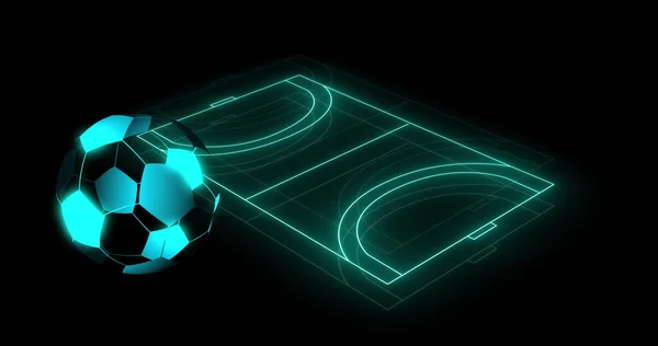 Image of digital football over neon stadium on black background. Global sport, technology and digital interface concept digitally generated image.