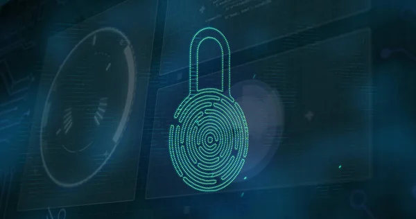Image of security padlock icon over interface with data processing against blue background. Cyber security and computer interface technology concept
