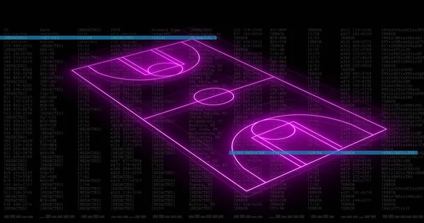 Image of computer graphic 3d neon soccer field over data processing on digital interface. Digital composite, creativity, sports, playground, soccer, art culture and entertainment, development.