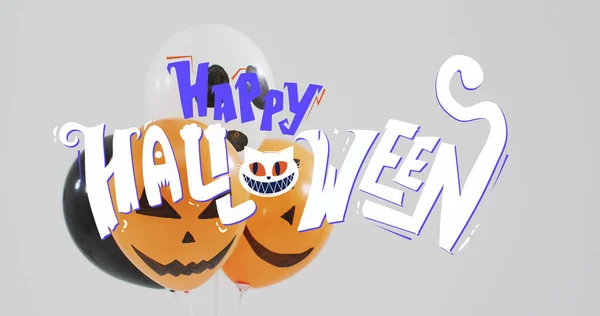 Happy halloween text banner over halloween pumpkin printed balloons against grey background. halloween festivity and celebration concept