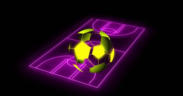 Image of digital football over neon stadium on black background. Global sport, technology and digital interface concept digitally generated image.