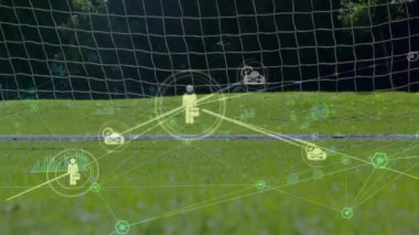 Kafkas erkek kalecinin kurtarmaya çalıştığı dijital ikonlar ağının animasyonu. Spor ve teknoloji kavramı