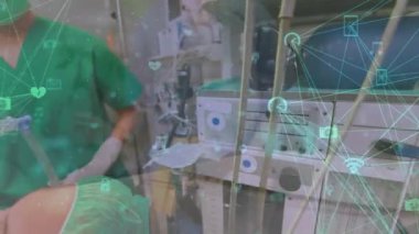 Animation of globe of connections over delivery man with icons. Global technology connections and digital interface concept digitally generated video.