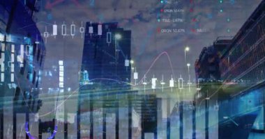 Animation of financial data processing over cityscape. Global technology connections and data processing concept digitally generated video.