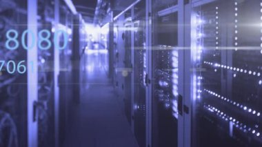 Animation of changing numbers over rainbow lens flare over computer server room. Business data storage technology concept