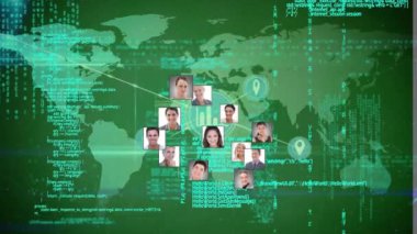 Animation of globe of business profile icons over data processing and world map on green background. Business networking technology concept