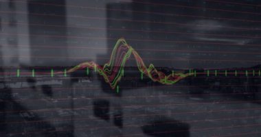 Animation of data processing over modern building and cityscape. Global finances business digital interface and technology concept digitally generated video.