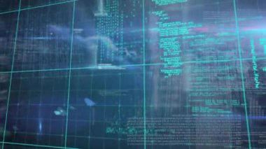 Mavi arkaplanda veri işleme animasyonu. küresel iş ve dijital arayüz kavramı dijital olarak oluşturulmuş video.