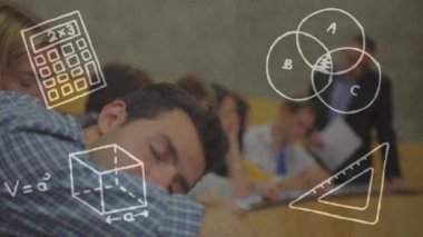 Animation of data processing over media icons. Students in the class. 