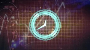 Animation of neon ticking clock over light sparkles and data processing against black background. Computer interface and business technology concept