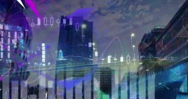 Animation of financial data processing over cityscape. Global business finances and digital interface concept digitally generated video.