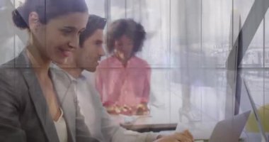 Animation of financial data processing over business people in office. Global business digital interface technology and networking concept digitally generated image.