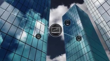 Animation of network of connections with icons over man working in warehouse. Global networking and technology concept.