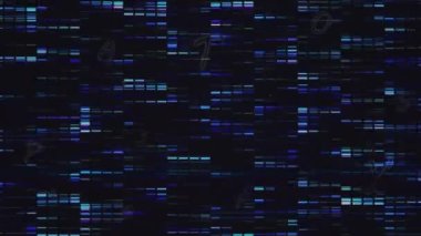 Animation of abstract network server lights moving over alphabets on digital interface. Digital composite, cloud computing, technology, machine learning, network security, data center.
