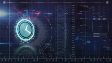 Animation of neon ticking clock over digital interface with data processing against blue background. Computer interface and business technology concept