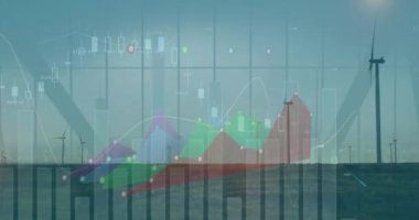 Animation of statistical data processing over spinning windmills on grassland against blue sky. Renewable energy and business technology concept