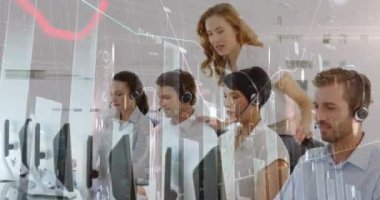 Animation of statistical data processing over diverse customer care executives working at office. Business data and analytics technology concept