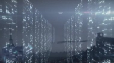 Animation of light spots over moving columns moving moving columns over light spots over light spots light. Global technology connections and data processing concept digitally generated video.