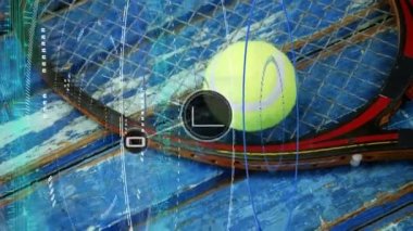 Animation of networks of connections with icons over data processing against tennis ball and rackets. Global networking and data storage technology concept.