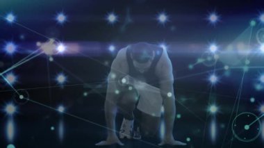 Animation of network of connections over man wearing vr headset. Global sports fitness and data processing concept digitally generated video.