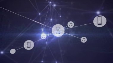 Animation of networks of connections with icons over black background. Global connections digital interface data processing concept digitally generated video.