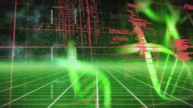 Animation of data processing and dna structures spinning over green grid network on black background. Medical research and science technology concept