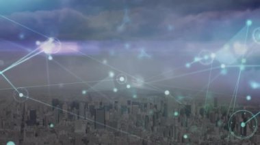 Animation of lines connecting dots with bright blue light against cityscape and clouds. Digital composite, connection, connect the dots, networking, data, technology, telecommunication, architecture.