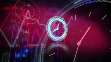 Animation of neon ticking clock and data processing over world map against red background. Computer interface and business technology concept