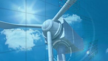 Animation of data processing with graphs over wind turbine rotating against sky. Digital composite, multiple exposure, power generation, sustainable energy, development, finance, economy.