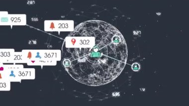 Medya simgelerinin animasyonu ve siyah arkaplandaki bağlantı ağının animasyonu. Bağlantı teknolojisi ve dijital arayüz konsepti dijital olarak oluşturulmuş video.