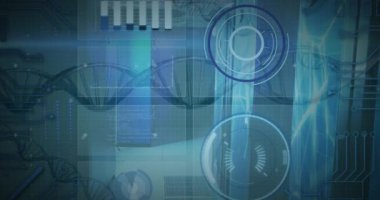 Animation of round scanners, data processing and dna structures spinning against blue background. Medical research and computer interface technology concept