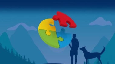 Animation of colourful puzzle over woman with dog. Social media and digital interface concept digitally generated video.