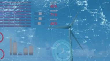 Animation of neon ticking clock and statistical data processing over spinning windmills against sky. Computer interface and renewable energy technology concept