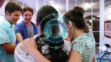 Animation of red circles over clown and clapping doctors having fun at party. Global communication and data security concept digitally generated video.