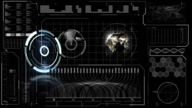Animation of scope scanning and data processing on black background. Global digital interface technology and networking concept digitally generated video.