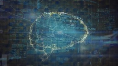 Animation of network of connections and data processing against spinning human brain. Medical research and business networking technology concept