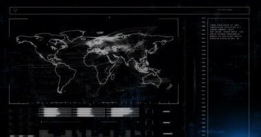 Animation of data processing with light spots on black background. Global technology, computing and digital interface concept digitally generated video.