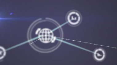 Animation of network of digital icons over light spot against blue background. Global networking and business technology concept